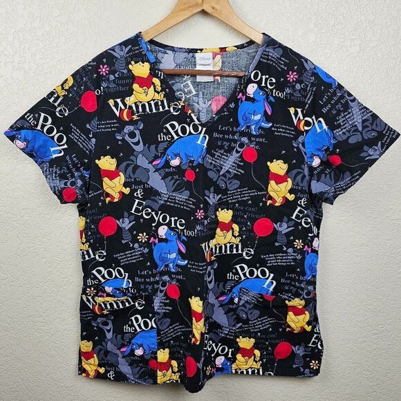 Disney Women's Large Winnie the Pooh Eeyore Black 3 Pocket Scrub Top Colorful - Picture 1 of 10